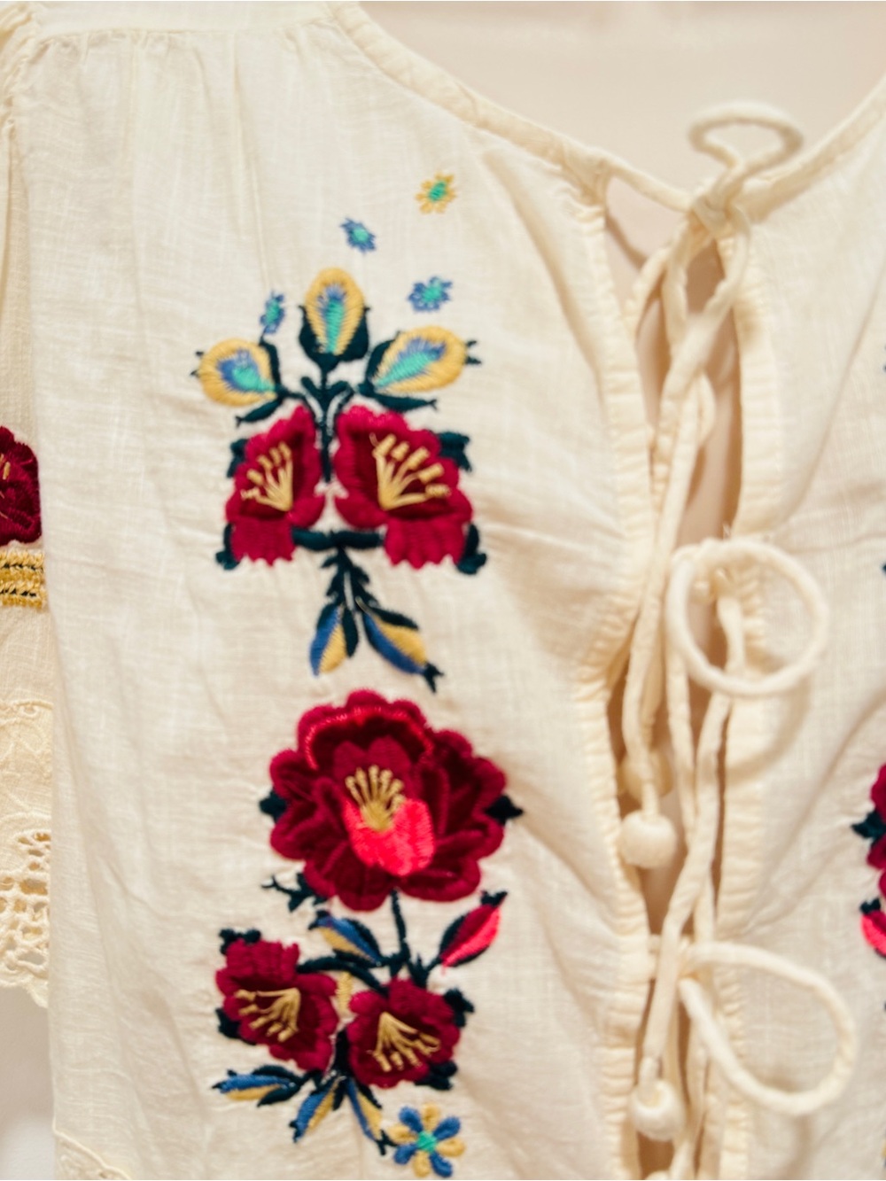 Jennifer & Grace Cream Embroidered Tie-Front Blouse - Picture 9 of 11